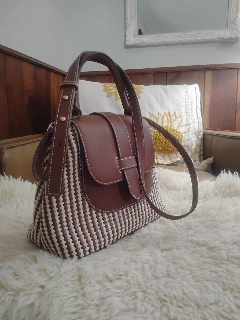 Textured Brown Woven Shoulder Bag with Top Handle
